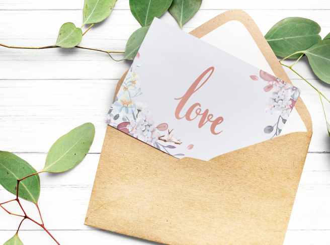 love text on white paper with brown envelope